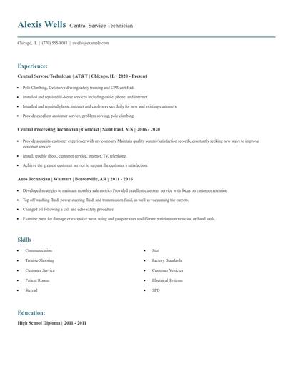 Central Service Technician Resume