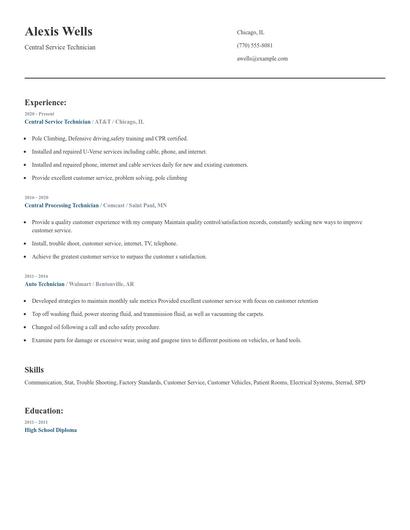 Central Service Technician Resume