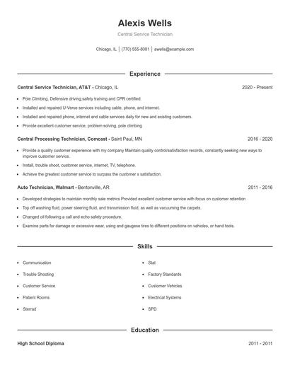 Central Service Technician Resume
