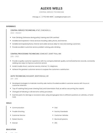 Central Service Technician Resume