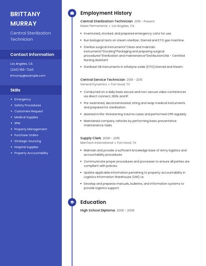 Central Sterilization Technician Resume