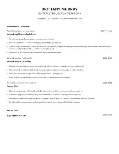 Central Sterilization Technician Resume
