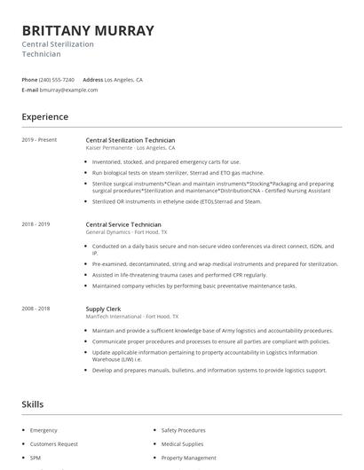 Central Sterilization Technician Resume