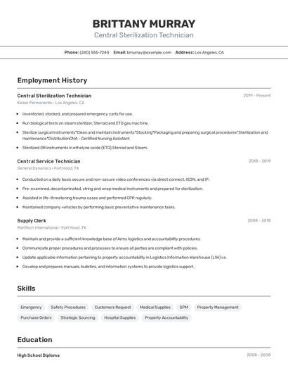 Central Sterilization Technician Resume