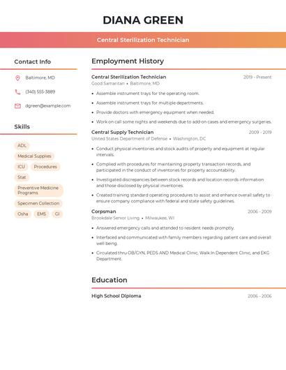 Central Sterilization Technician Resume