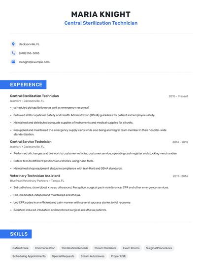 Central Sterilization Technician Resume
