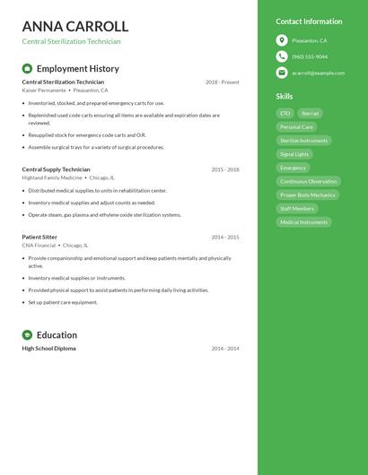 Central Sterilization Technician Resume