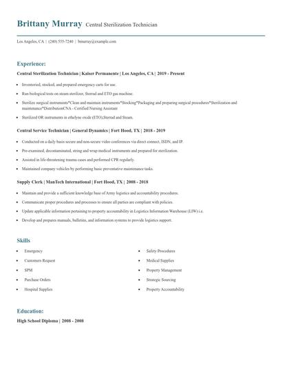 Central Sterilization Technician Resume