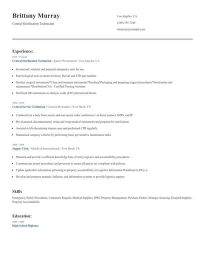 Central Sterilization Technician Resume