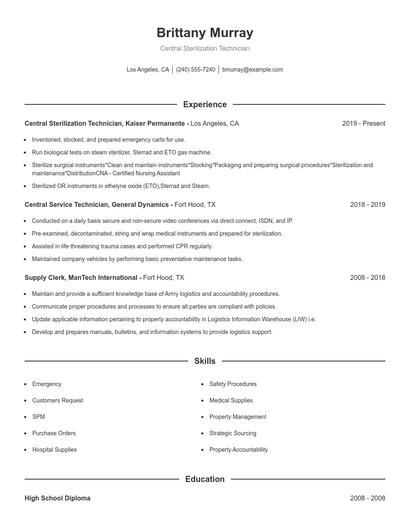 Central Sterilization Technician Resume