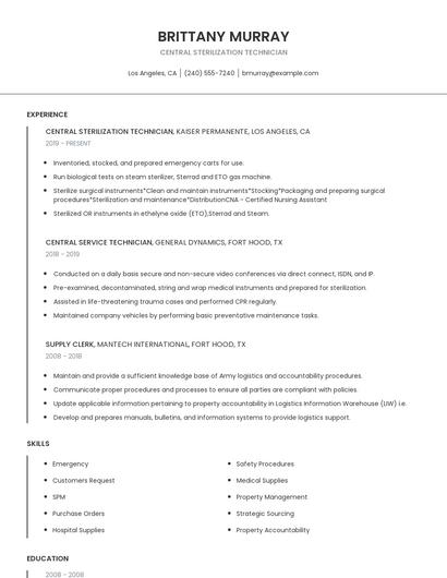 Central Sterilization Technician Resume