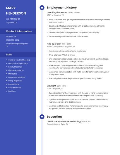 Centrifugal Operator Resume