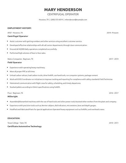 Centrifugal Operator Resume