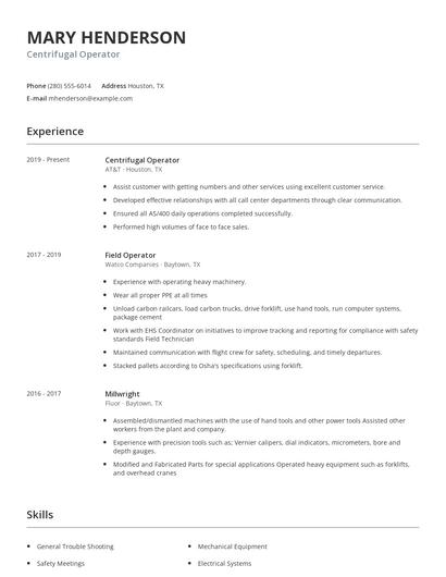 Centrifugal Operator Resume