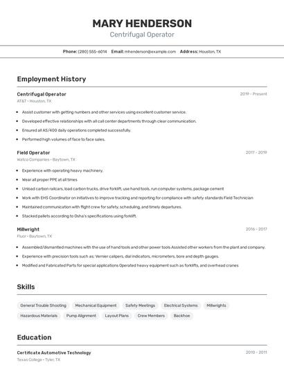 Centrifugal Operator Resume