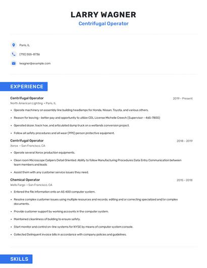 Centrifugal Operator Resume