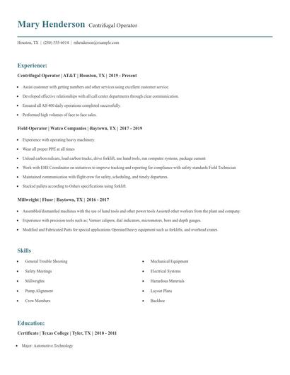 Centrifugal Operator Resume