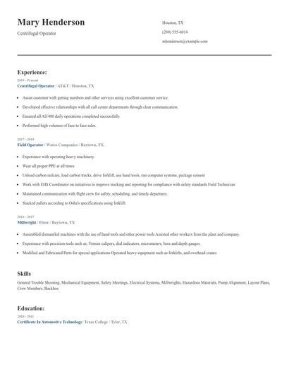 Centrifugal Operator Resume