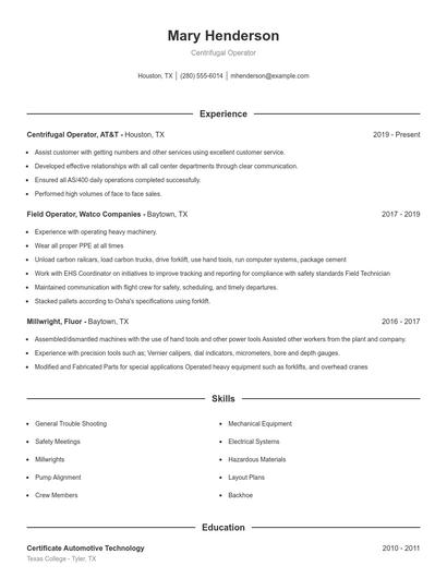 Centrifugal Operator Resume
