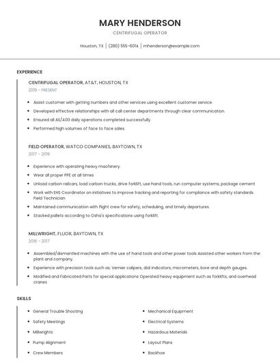Centrifugal Operator Resume