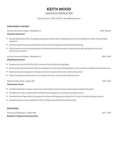 Ceramics Instructor Resume