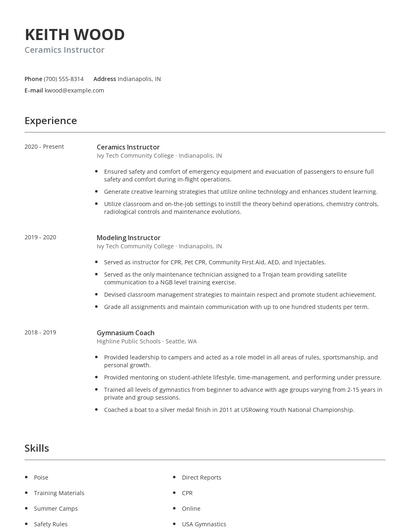 Ceramics Instructor Resume
