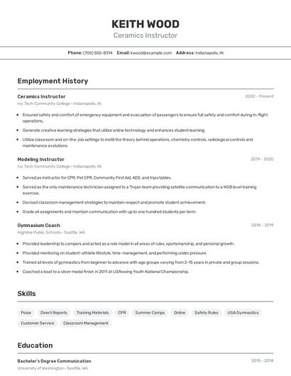 Ceramics Instructor Resume