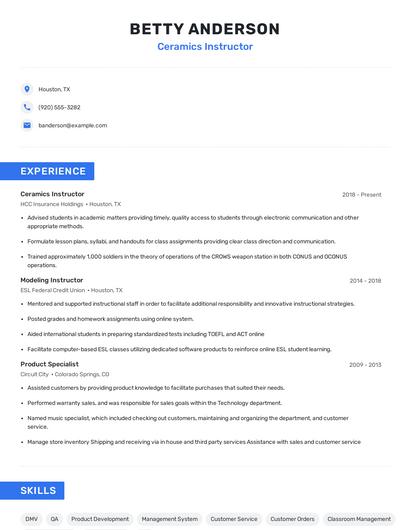 Ceramics Instructor Resume