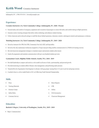 Ceramics Instructor Resume