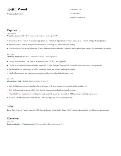 Ceramics Instructor Resume