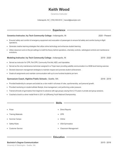 Ceramics Instructor Resume