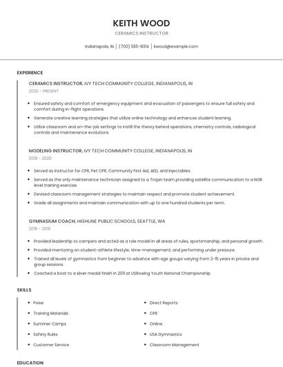 Ceramics Instructor Resume