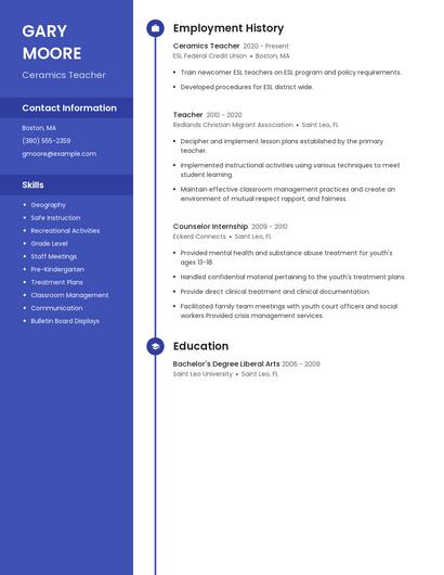 Ceramics Teacher Resume
