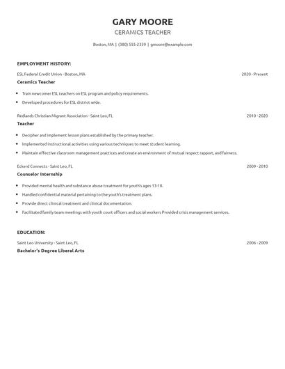 Ceramics Teacher Resume