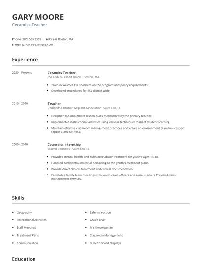 Ceramics Teacher Resume