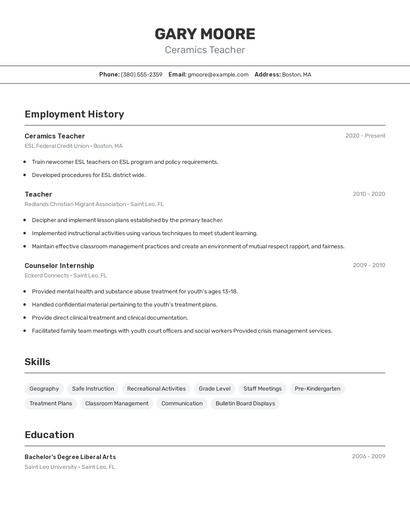 Ceramics Teacher Resume