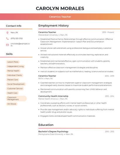 Ceramics Teacher Resume