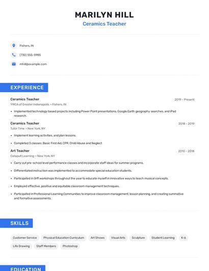 Ceramics Teacher Resume