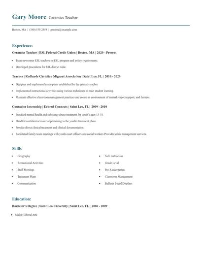 Ceramics Teacher Resume