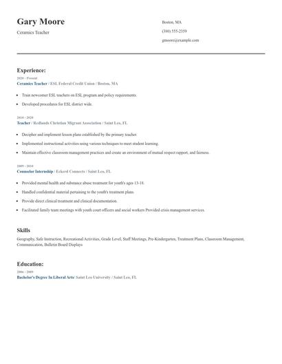 Ceramics Teacher Resume