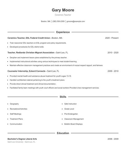 Ceramics Teacher Resume