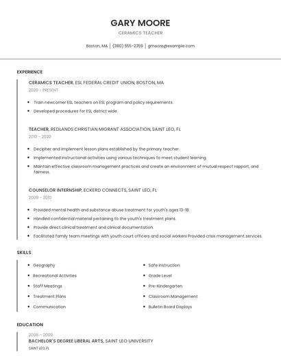 Ceramics Teacher Resume