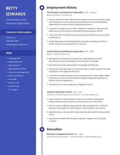 Certification And Selection Specialist Resume