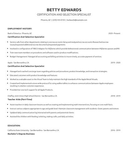 Certification And Selection Specialist Resume