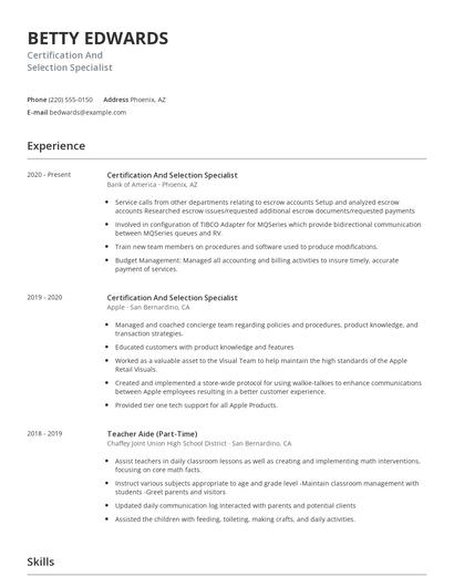 Certification And Selection Specialist Resume