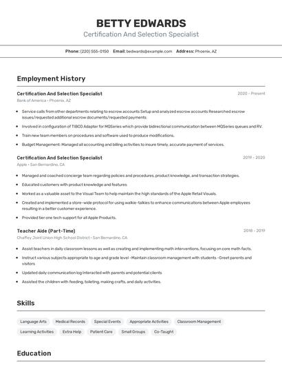 Certification And Selection Specialist Resume