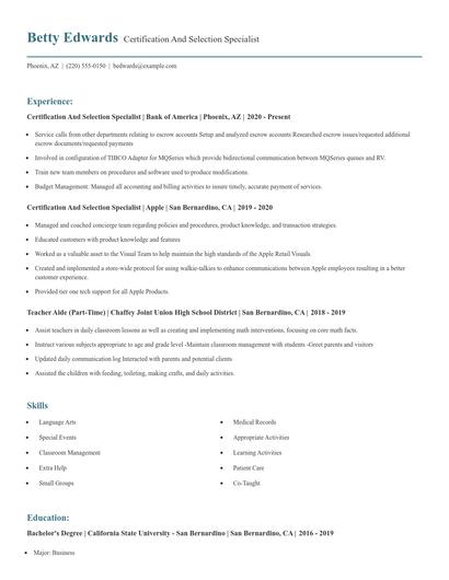 Certification And Selection Specialist Resume