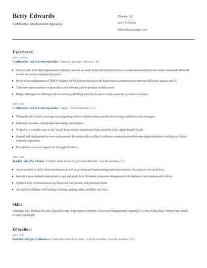Certification And Selection Specialist Resume
