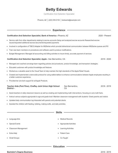 Certification And Selection Specialist Resume