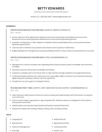 Certification And Selection Specialist Resume